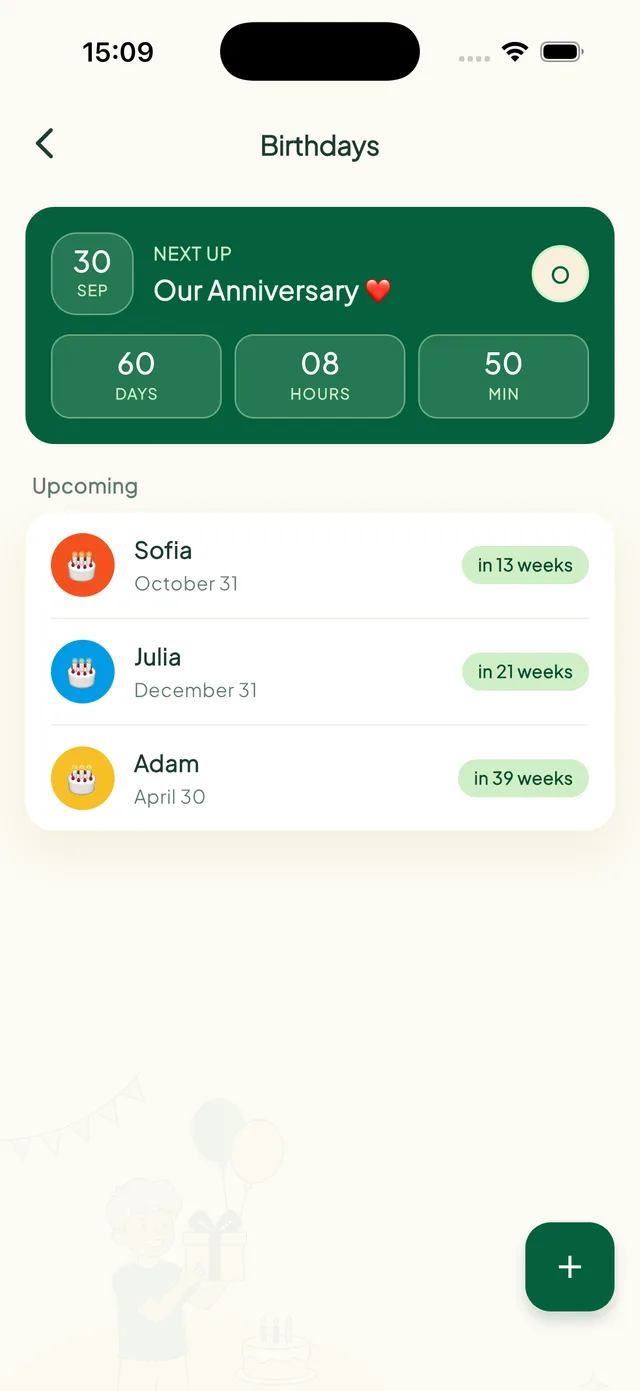 Birthdays and celebrations screen