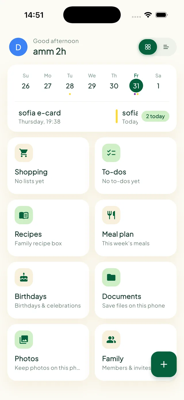 FamCanvas home screen with feature tiles